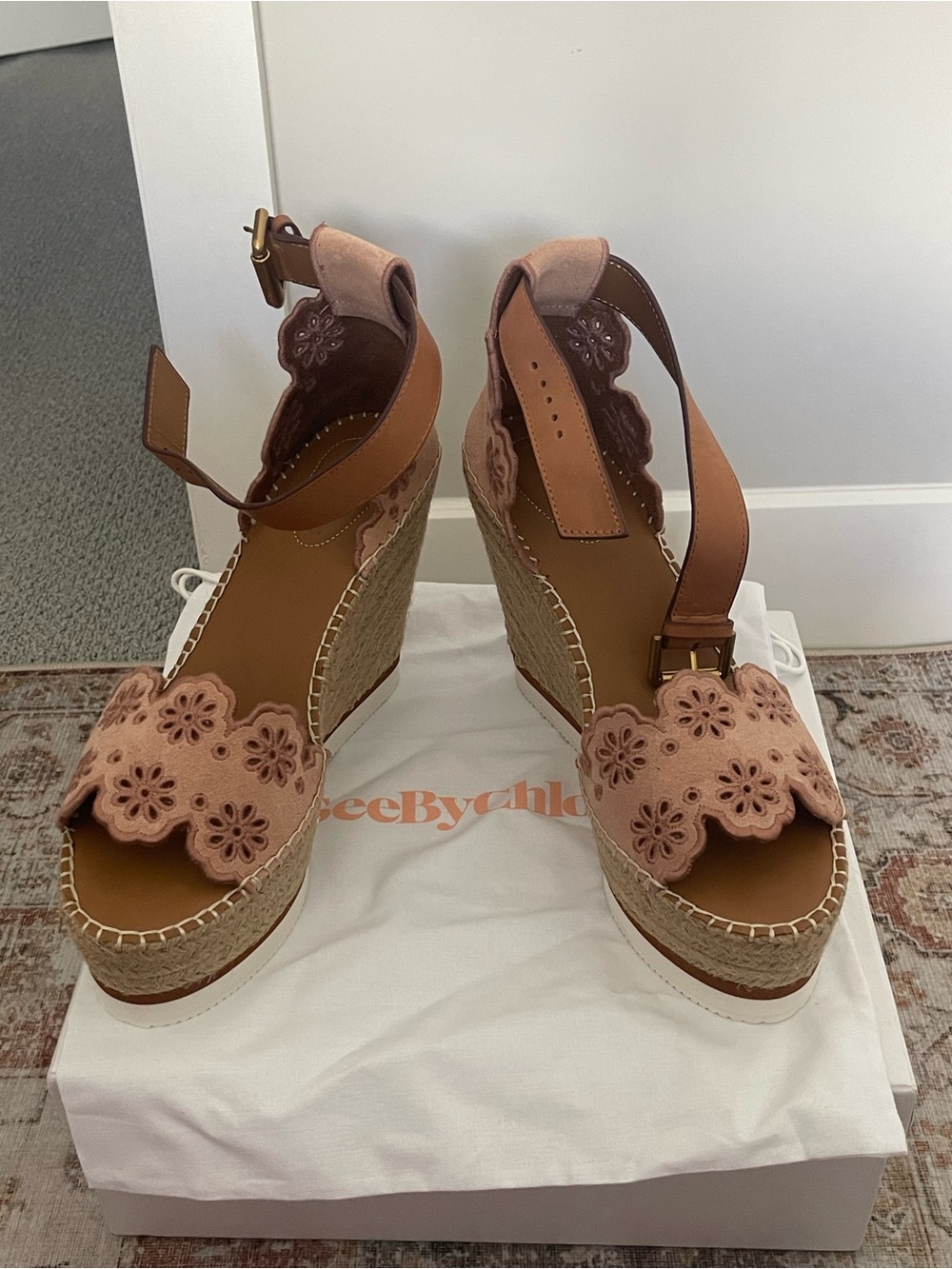 See By Chloe Blush Pink Floral Suede Espadrille Wedge Sandals